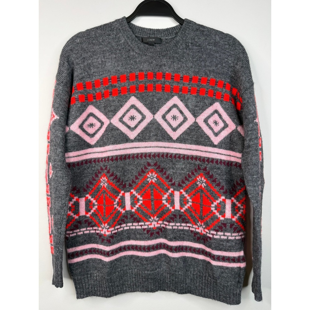 J.Crew Wool Mohair Blend Fair Isle Women's Sweater Small Gray Pink Crewneck